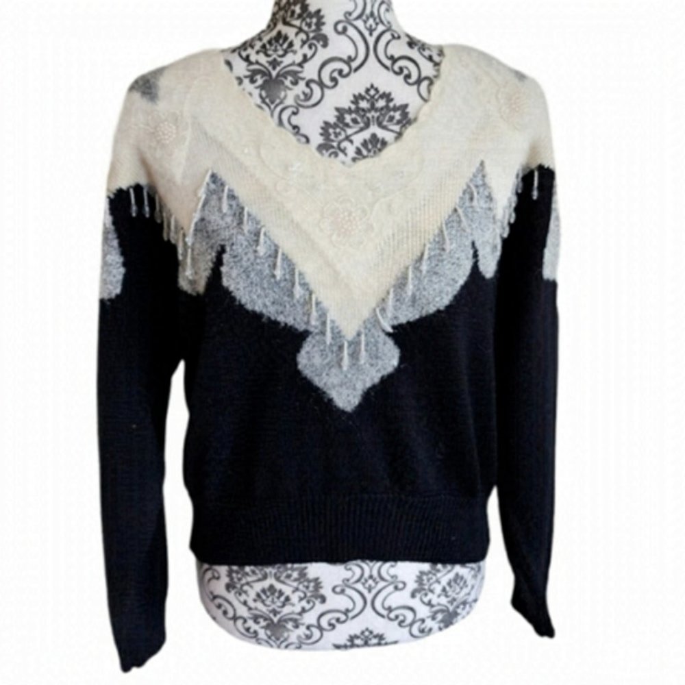 Yds Sweater Vintage 1980s Angora Blend Black Silver White Beading Womens size S